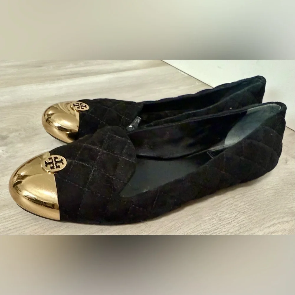 Tory Burch Womens Kaitlin Quilted Suede Smoking Slipper Flat Black-Bronze Size 7